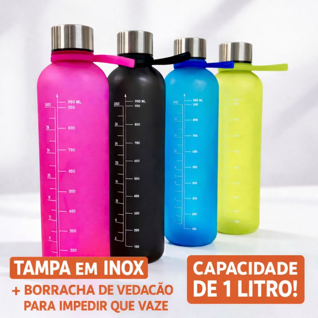 Garrafa de Água 1Litro Squeeze com Escala Motivacional e Alça e Tampa de Inox Antivazemnto