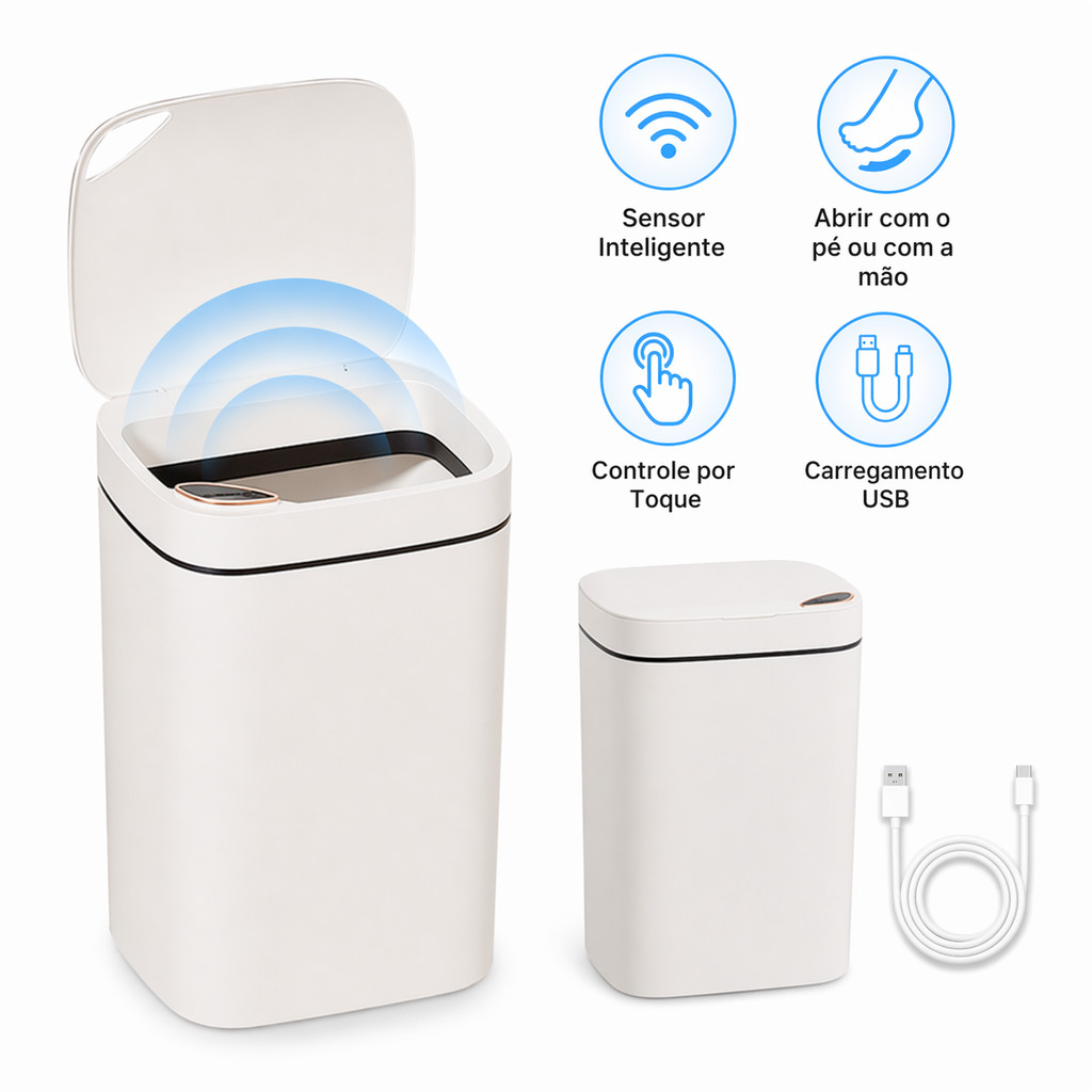Lixeira Automática Inteligente 12L USB Recarregável – 3 Funções : Sensor de Mão, Toque e Chute, Sem Toque