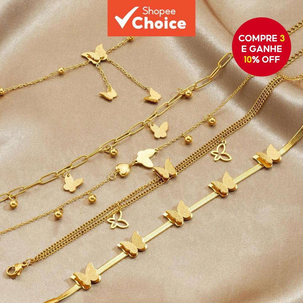 Pulseira de borboleta vintage em aço inoxidável com corrente dourada para mulheres, não desbota em Oferta na Shopee