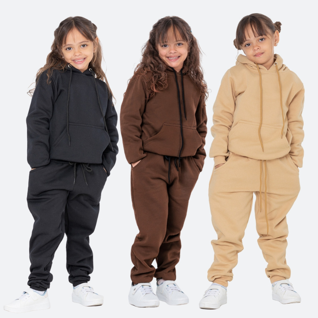 Kit 3 Conjunto Moletom infantil menina menino blusa de frio capuz calça punho