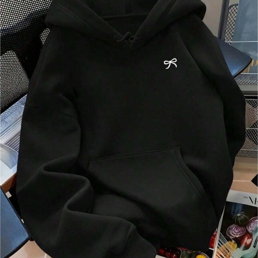 Moletom com Capuz Aconchegante para Mulher com Laço Preto e Estampa Casual de Manga Comprida, Corte Normals