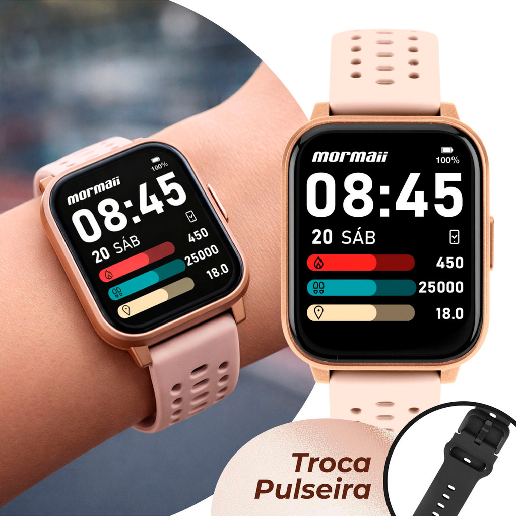 Smartwatch Feminino Troca Pulseira Rosa e Preto Com Caixa de Polímero e Pulseiras de Silicone Tabua de Maré Mormaii