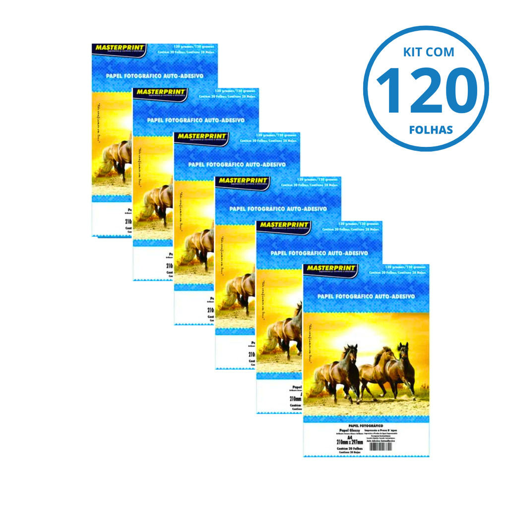 Kit 120 Folhas de Papel Fotográfico A4 Com Adesivo 130g Brilhante – 6 Pacotes c/