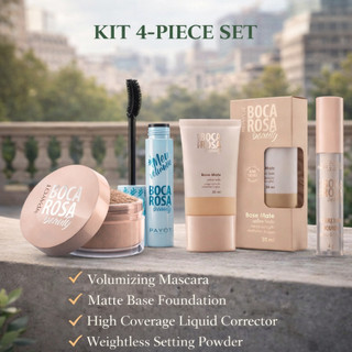 Kit Boca Rosa 4 Peças – Base + Corretivo + Pó Solto + Máscara de Cílios
