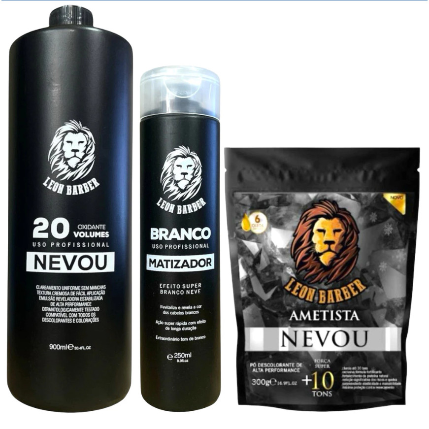 Kit Pó Descolorante Ametista 300g + Matizador Branco 250ml + Água Oxigenada 900ml (20 Volumes) – Leon Barber
