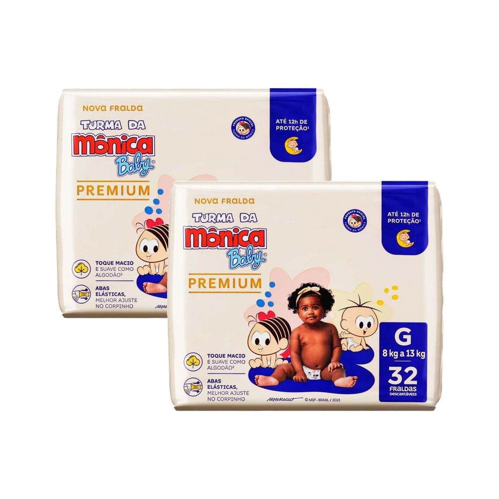 Kit 2 Fralda Infantil Turma da Mônica Baby Premium Tamanho G 32 Unidades