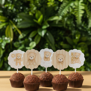 Apliques escalope para Topper de Docinhos - Tema Personalizado CHÁ REVELAÇÃO URSO LUXO Bege