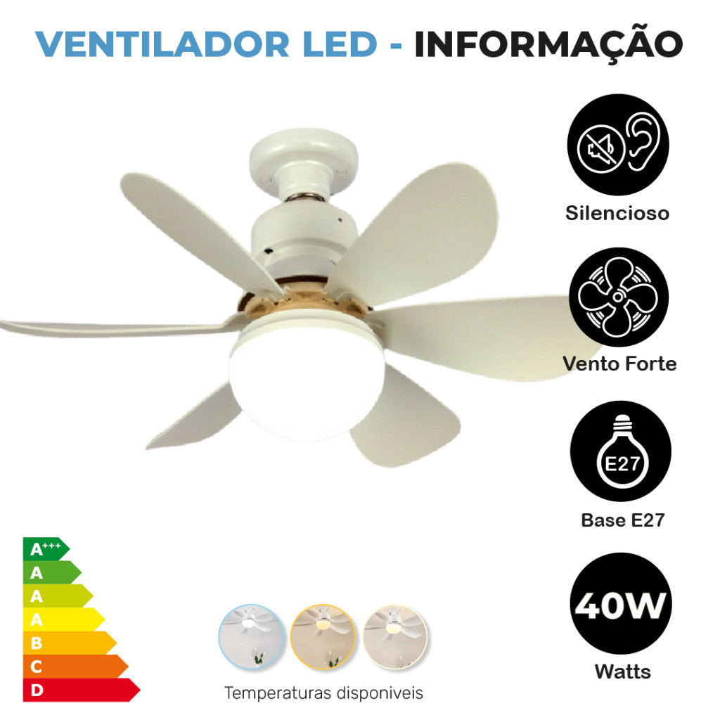 Ventilador de Teto com Luz Silencioso Controle Remoto Economica E27 Instalação Fácil LED Bivolt