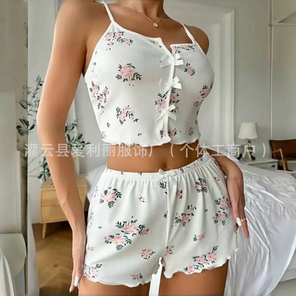 Imagem Venda quente impresso arco nó Suspender Shorts terno pijamas feminino moda confortável Loungewear versão de alta qualida