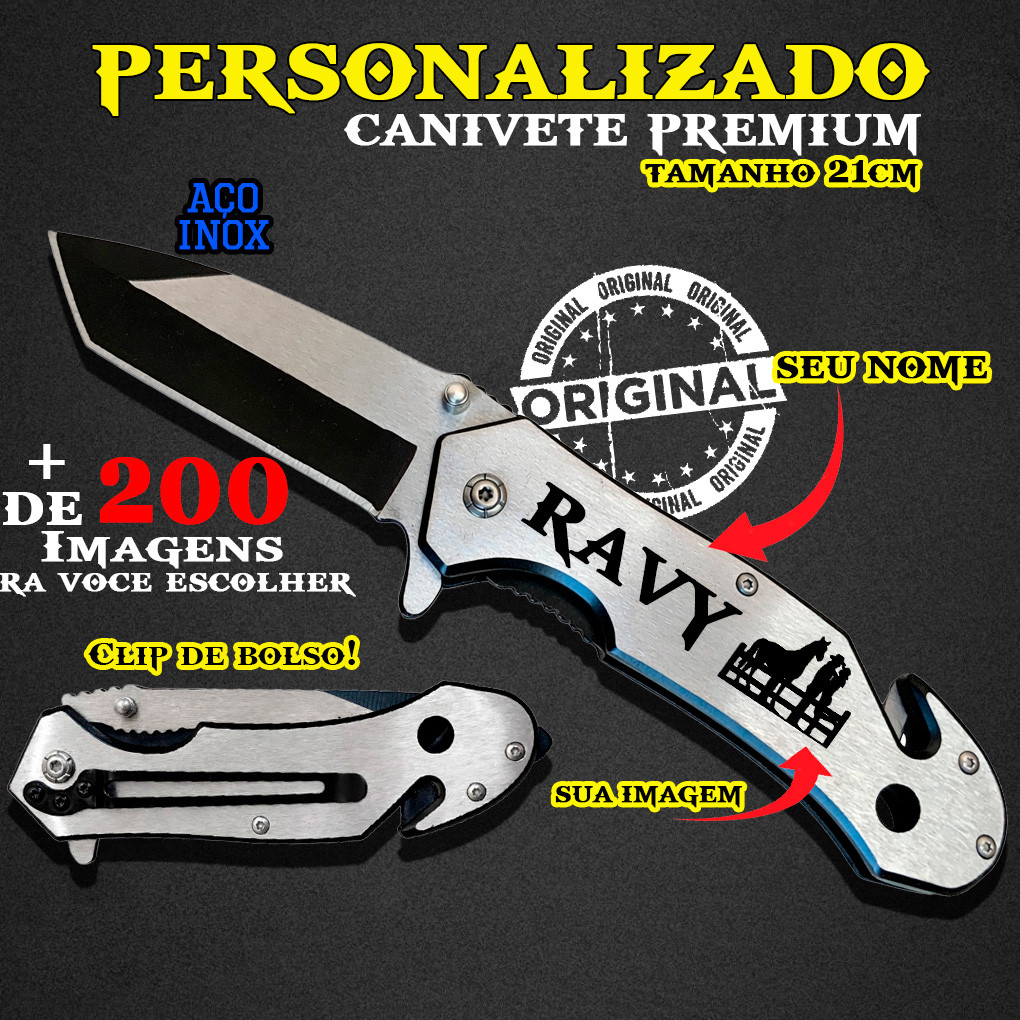 Canivete Personalizado Premium Tatico MultFuncao Com trava Quebra Vidro Clip Presilha Inox Seu Logo