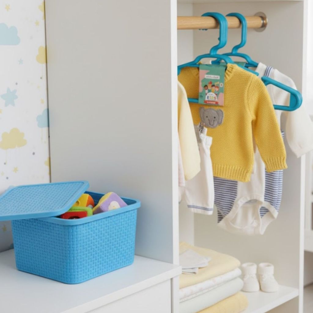 Kit 6 Caixas Organizadora 7L Rattan + 20 Cabides Infantil Azul