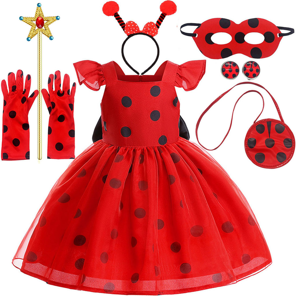 LM Crianças Halloween Joaninha cosplay Traje Conjunto Menina Bolinhas Princesa Vestido De Pontos Vermelhos