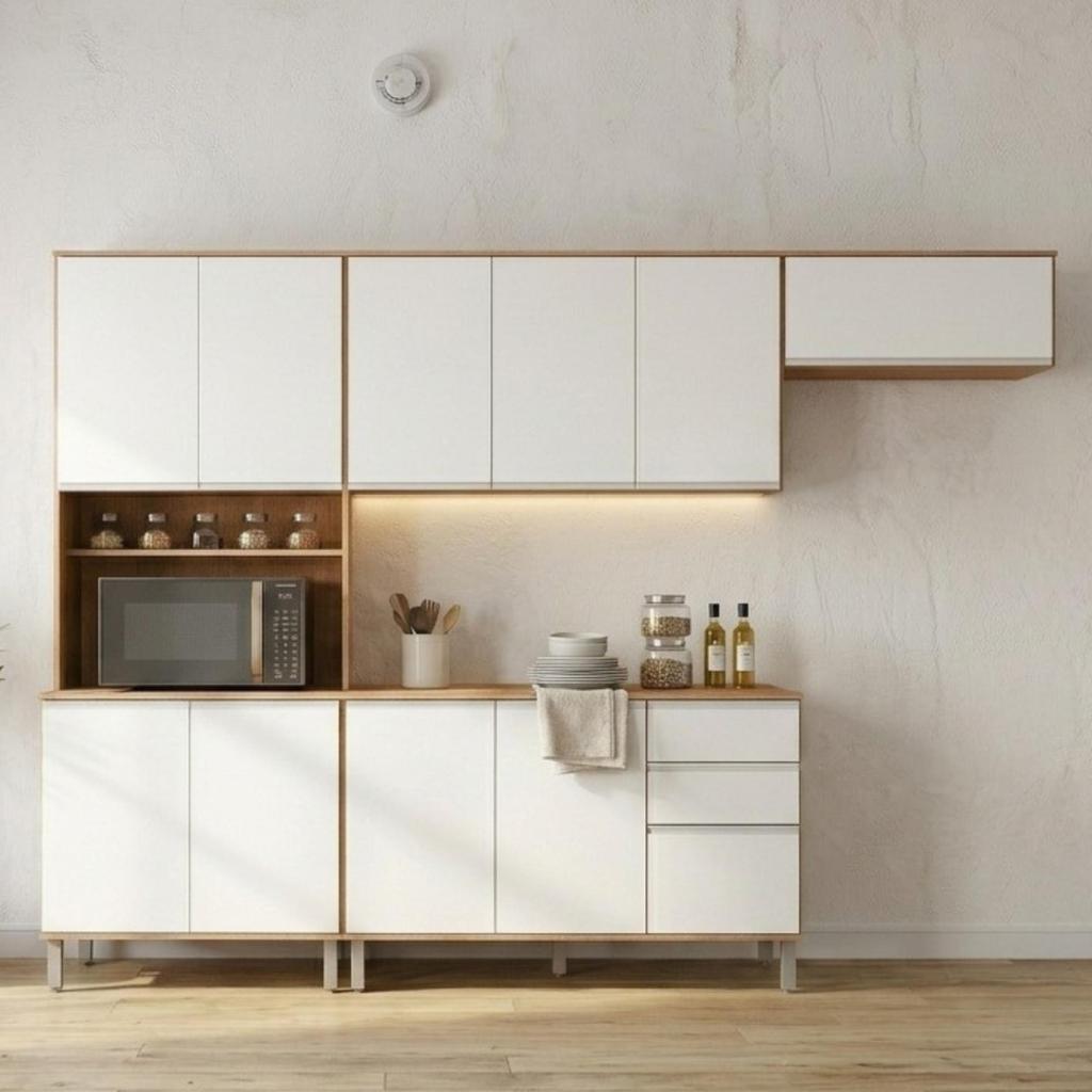 Cozinha Compacta Paneleiro Nina 4 Modulos Amêndo/Branco