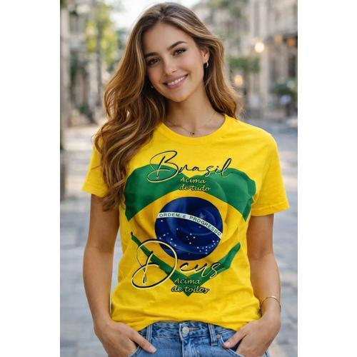blusa Feminina Camiseta Brasil Acima De Tudo, camisa Deus Acima De Todos