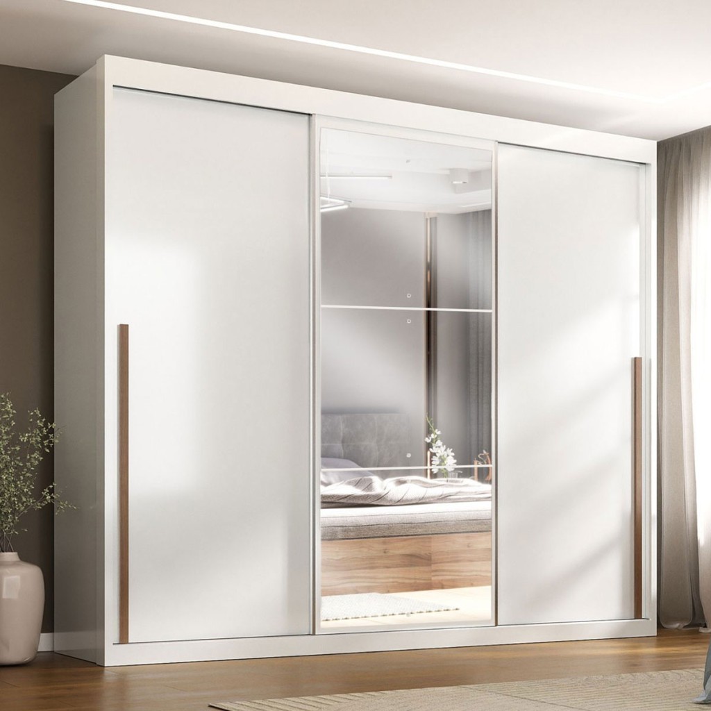 Guarda-Roupa Casal Tower 3 Portas 6 Gavetas com Espelho Branco - Pnr Móveis