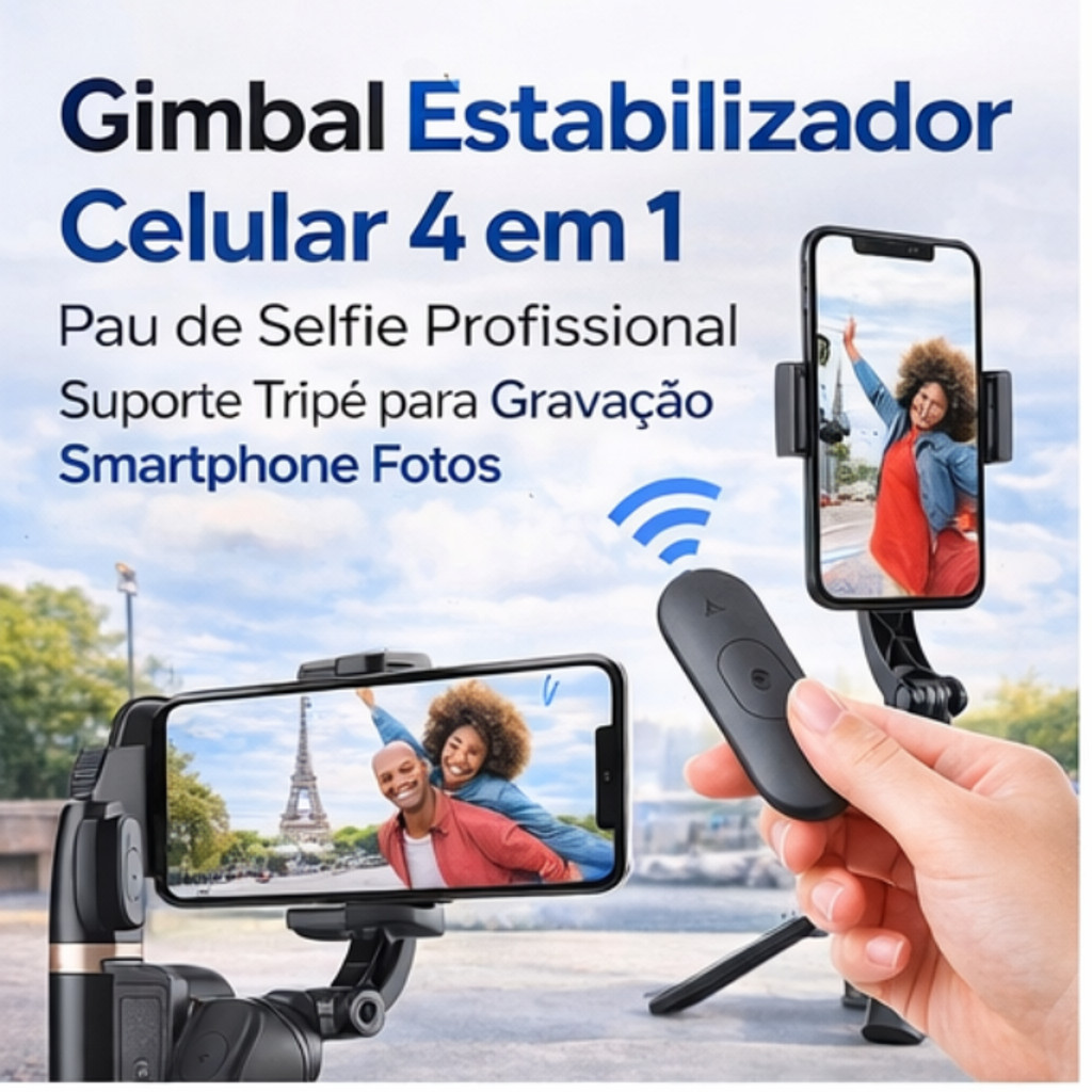 Gimbal Estabilizador de Celular 4 em 1 com Tripé e Controle Bluetooth | Pau de Selfie Profissional para Vídeos e Fotos
