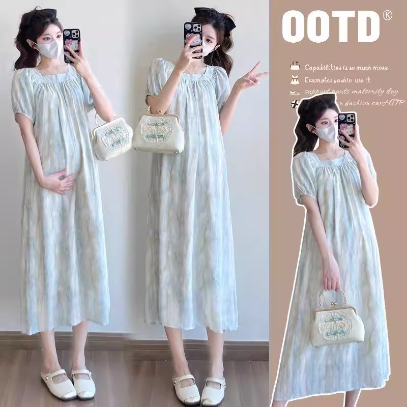Roupa de maternidade verão 2025 elegante pescoço quadrado manga bufante Tie-Dye solto vestido de maternidade comprimento