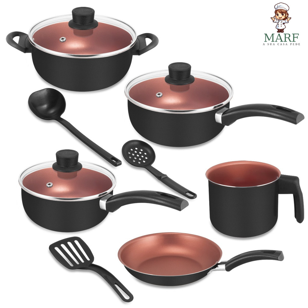 Kit de Panelas com Revestimento Antiaderente 8 Peças Teflon Premium 5 Camadas Tampa de Vidro + Talheres em Oferta na Shopee