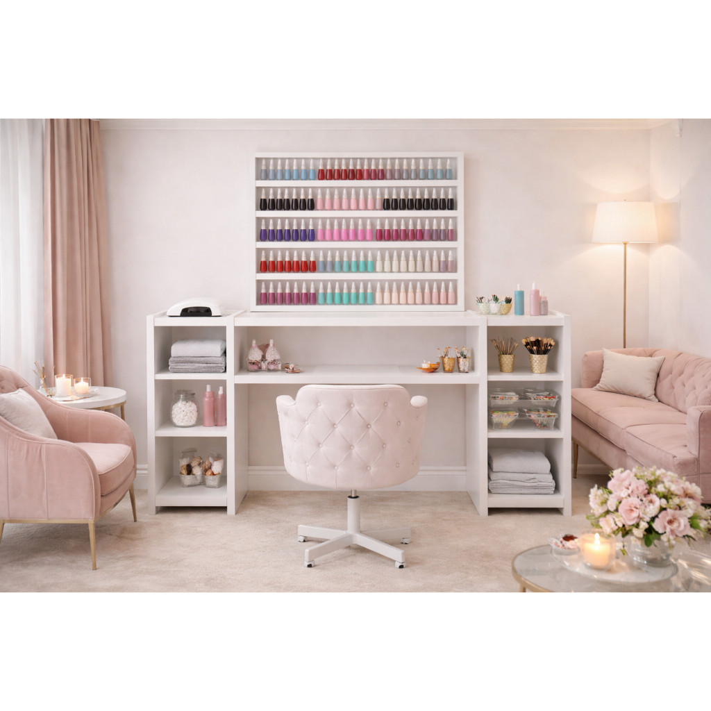 Kit Manicure Profissional Mesa + Estante Esmaltes Organizador Salão Completo