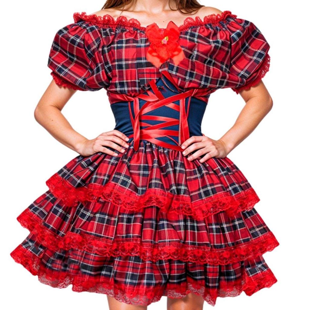 Vestido Feminino de Festa Junina Luxo Xadrez Super Rodado Acinturado Com Espartilho Tamanhos do 32 a 50