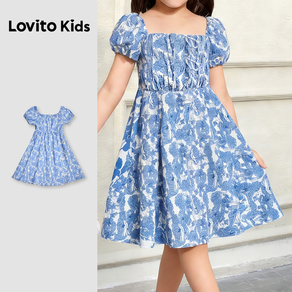 Lovito Kids Vestido Casual com Babados para Menina Primavera/verão azul L186LD223 em Oferta na Shopee