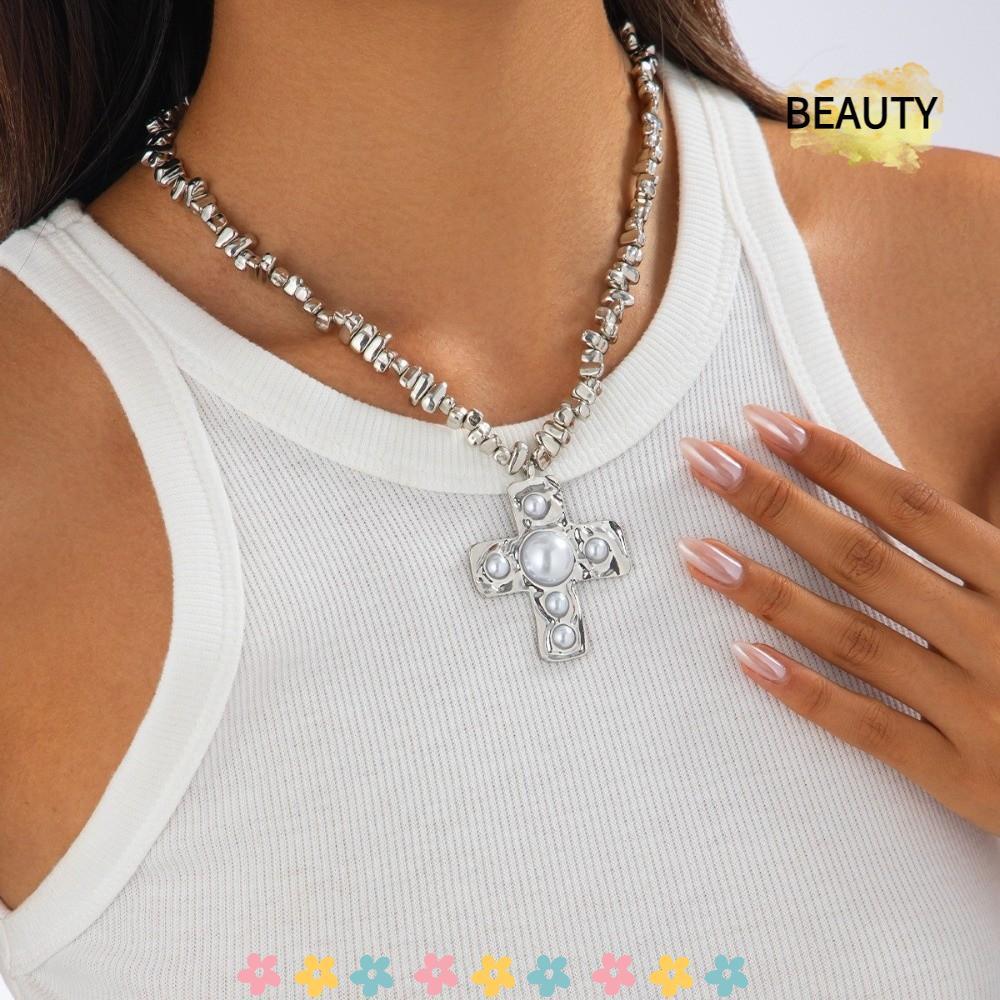 BEAUTYHOMEBR Corrente Com Pingente De Cruz , Contas Irregulares , Colar De Estilo Vintage Grossas