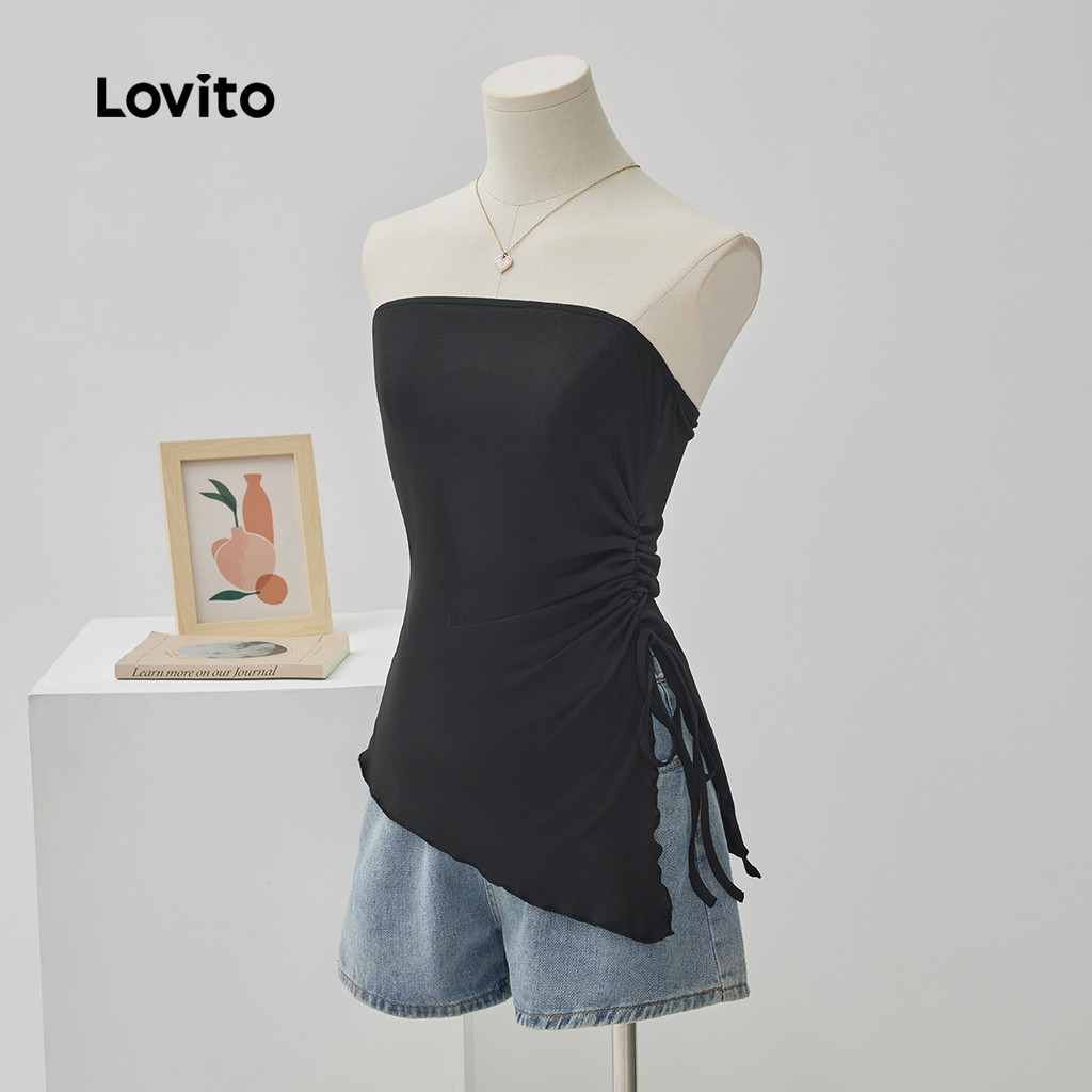 Lovito Regata Casual Lisa Assimétrica Com Cordão Para Mulheres L68ED053 (Preto)