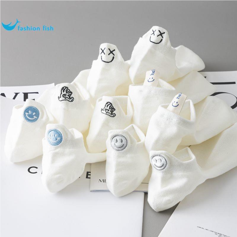 Smiley meias brancas masculinas verão meias finas de cano baixo dos desenhos animados na moda cintura curta casal bonito