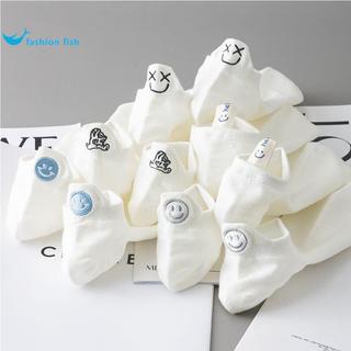 Smiley meias brancas masculinas verão meias finas de cano baixo dos desenhos animados na moda cintura curta casal bonito