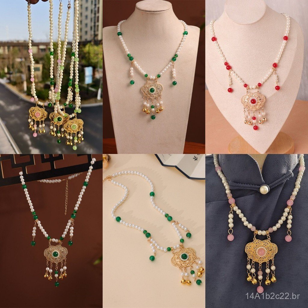 Joias de estilo antigo, sino, colar com pingente de cadeado da paz, pingente de imitação de pérola, acessório para traje