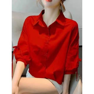 Camisa de manga média feminina verão novo estilo solto respirável topo lanterna manga camisa feminina de manga curta All