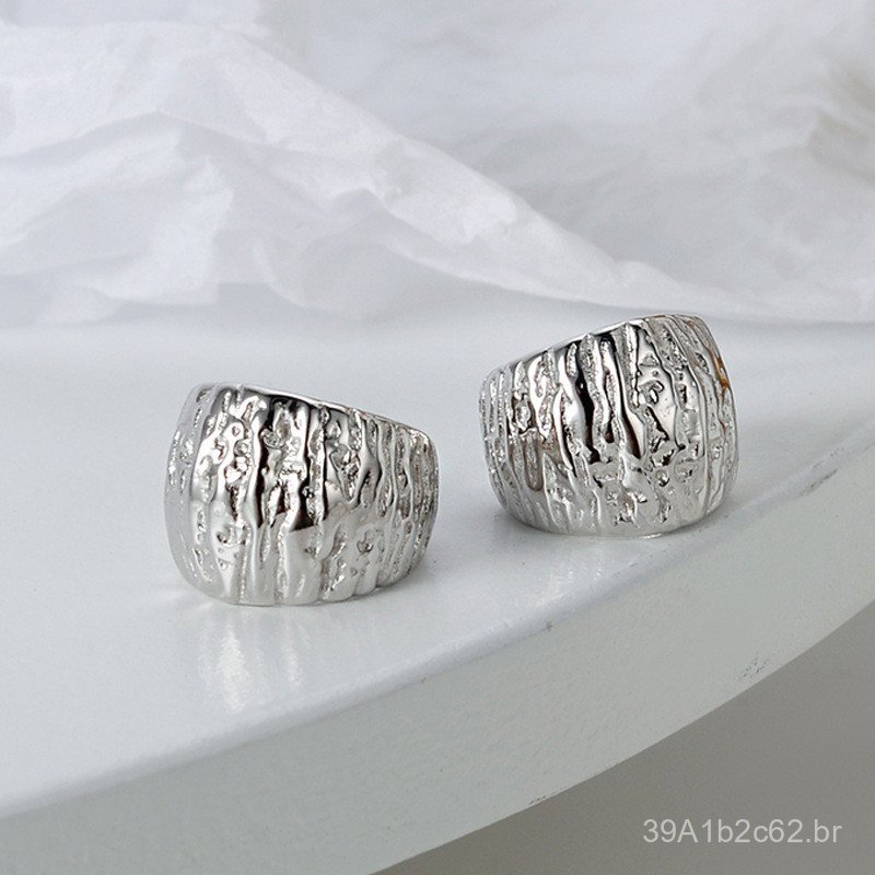E5048 Brinco de Pressão Feminino Sem Furo, Estilo Coreano, Prata Esterlina S925, Textura de Lava, Textura Artesanal de P