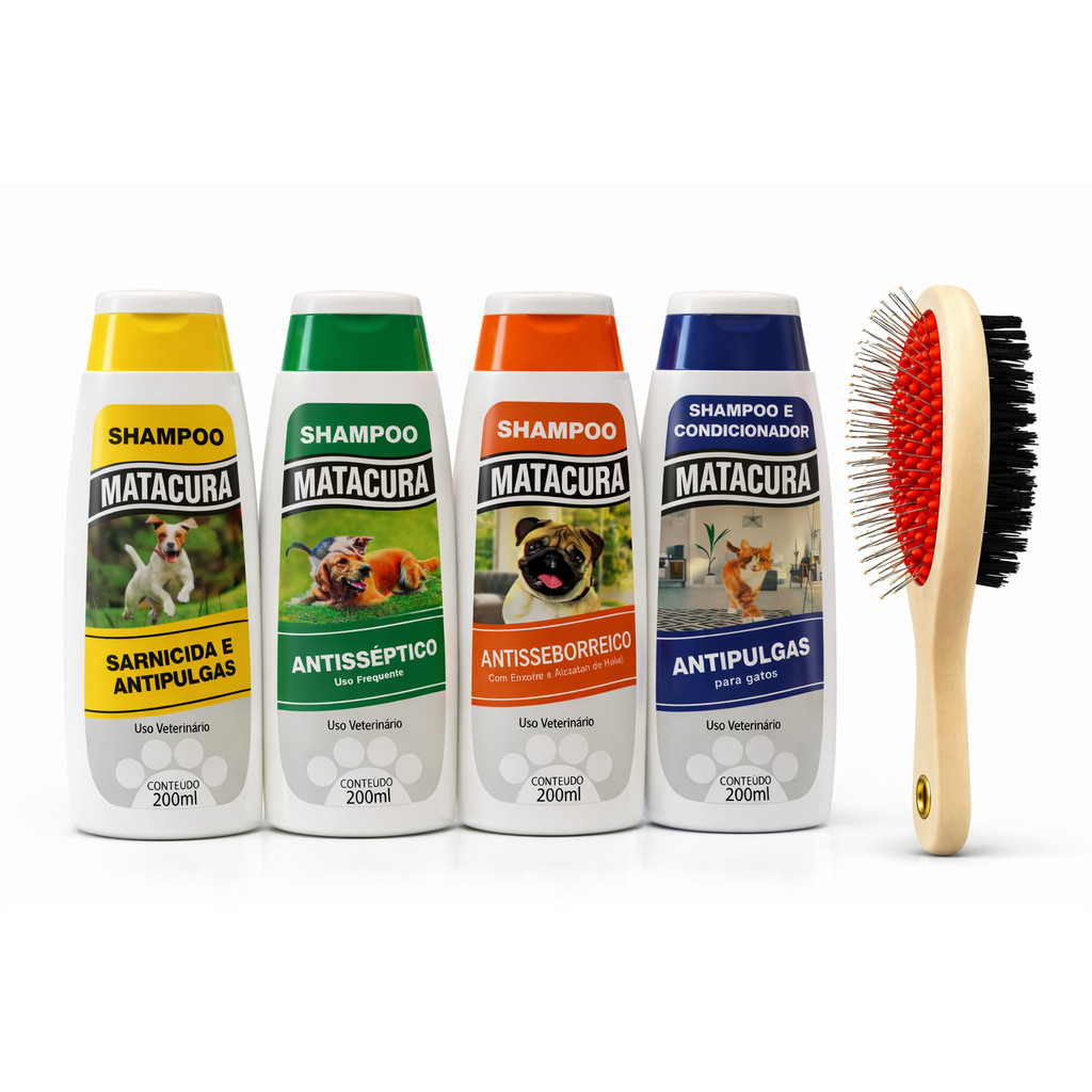Kit Shampoos Pet Matacura e Escova 200ML Cachorro Antipulgas Antisséptico Higiene Premium Promoção