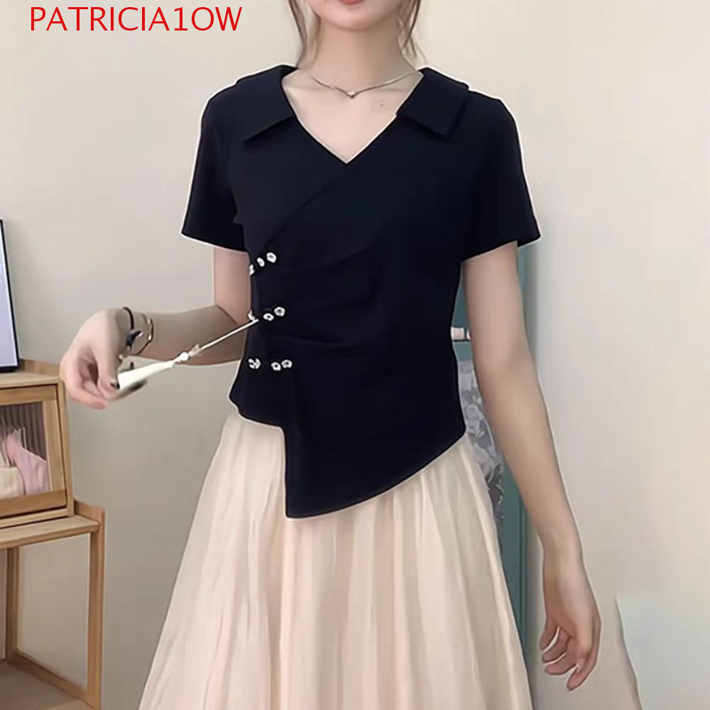 PATRICIA1OW Camiseta Irregular Com Decote Em V , Pingente De Borla , Botão De Flor , Tops Curtos Finos Femininos , Stree