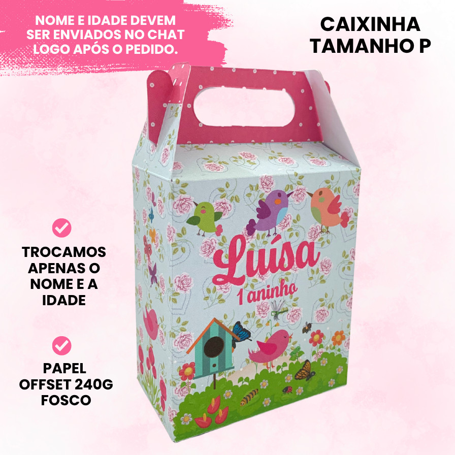 Caixinha Surpresa Personalizada Jardim Borboletas e Pássaros | Lembrancinha Aniversário Infantil
