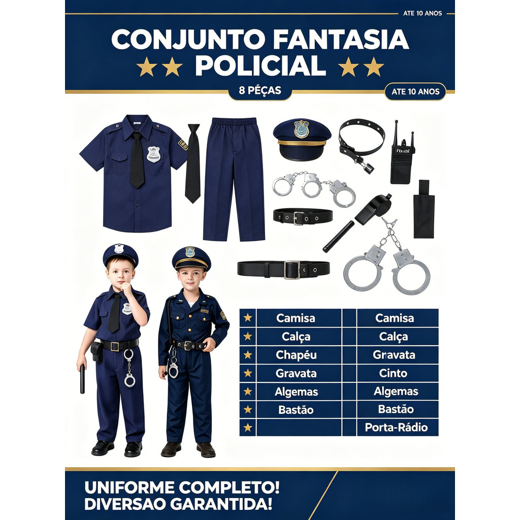Conjunto 8 Peças De Fantasia Crianças Uniforme Policial Fantasia Cosplay 90 - 130 Cm