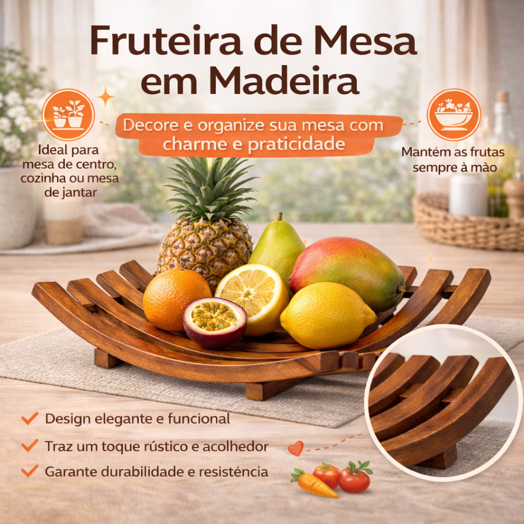 Fruteira De Mesa 32x28x6 Feita Em Madeira Rústica Mesa Posta Frutas Decoração Casa Utilidades