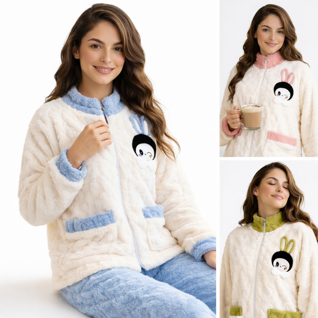 Conjunto Pijama Feminino Fleece Peluciado Inverno Com Zíper Roupa De Dormir Confortável em Oferta na Shopee