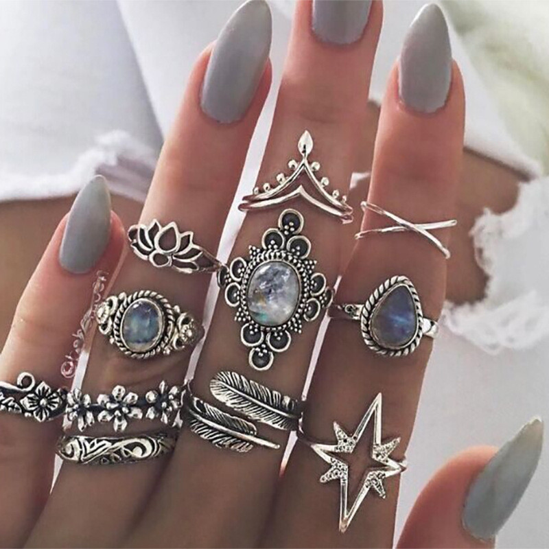 Europeu americano novos produtos Retro diamante-cravejado esculpido céu estrelado Gem 11 peças conjunto combinação anel