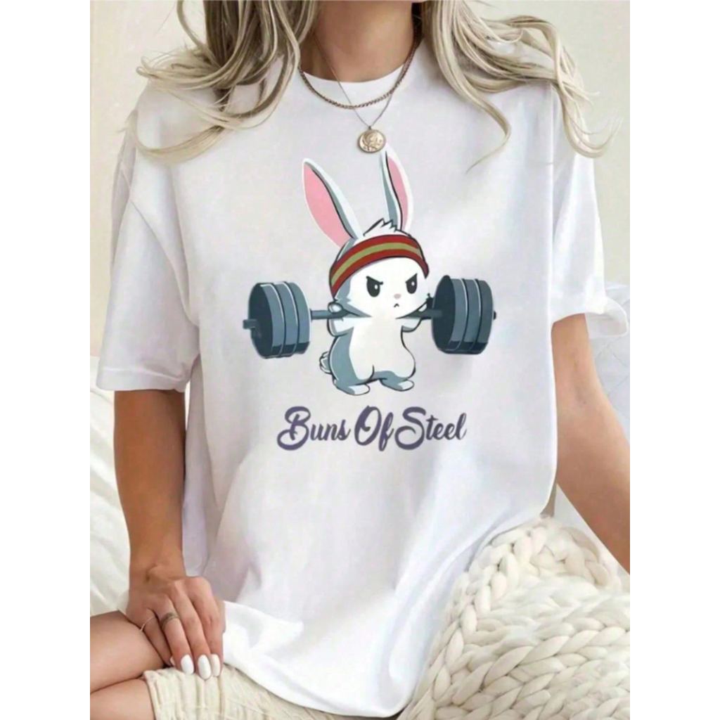 Camisa Feminina Estampada Coelho Academia 100% Algodão Confortável Camisa Manga Curta