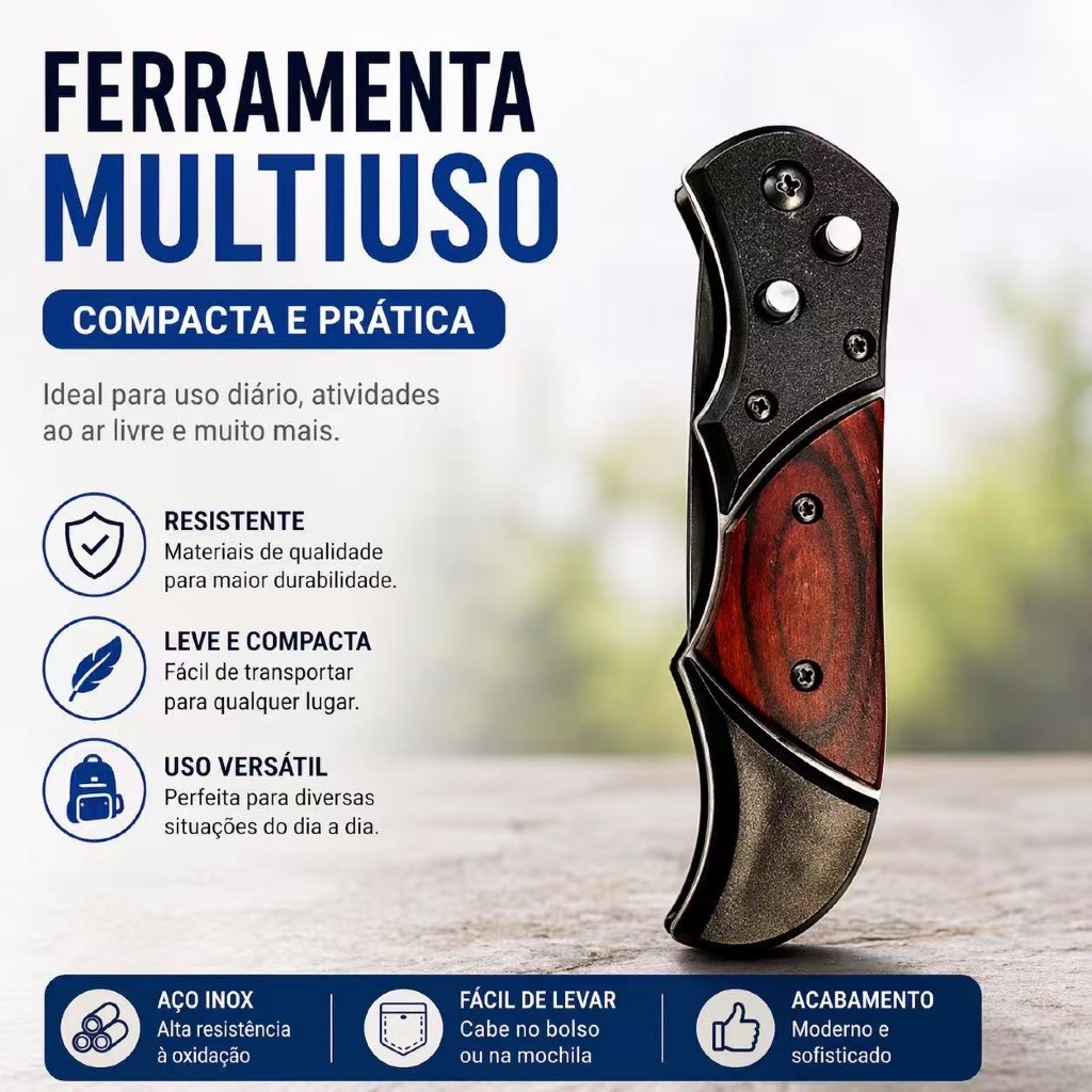 Ferramenta Dobrável Automático Multiuso Inox Portátil Compacta Cabo Madeira Uso Diário Camping Trilhas Pesca Prática