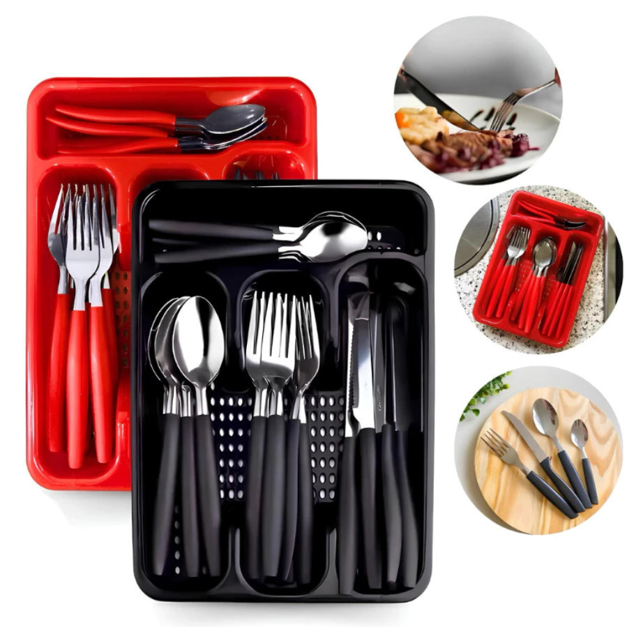 Jogo de 17 Talheres em Aço Inox Ergonômico Elegante Sofisticado com Porta Talher Organizador