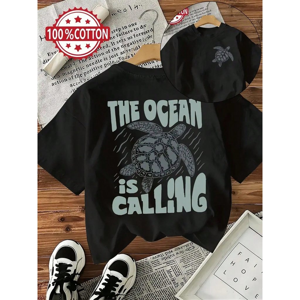 Camiseta Algodão Feminina Básica Premium The Ocean Is Calling Praia Casual Moda Primavera Verão Confortável