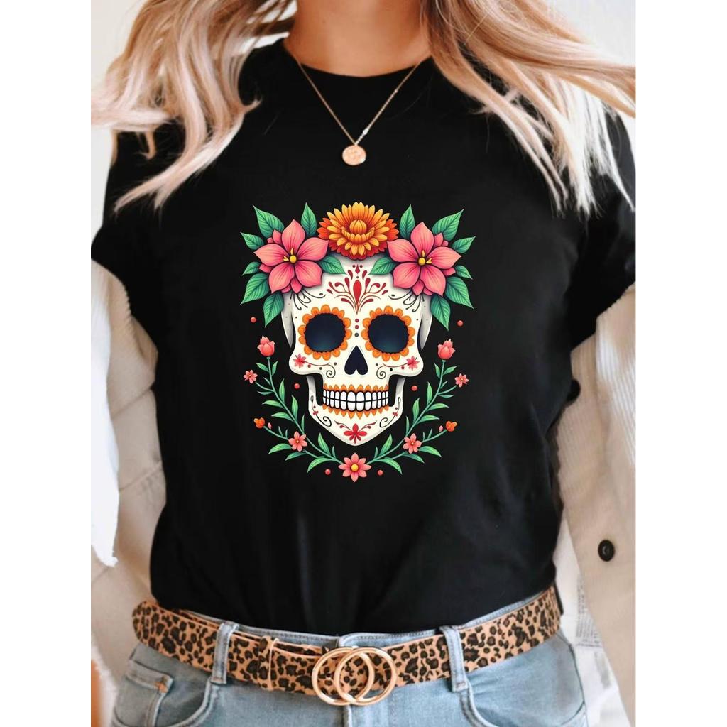 Camiseta Feminina Sugar Skull Verde Flores Geométrico Estampada Confortável Linda Moderna Verão