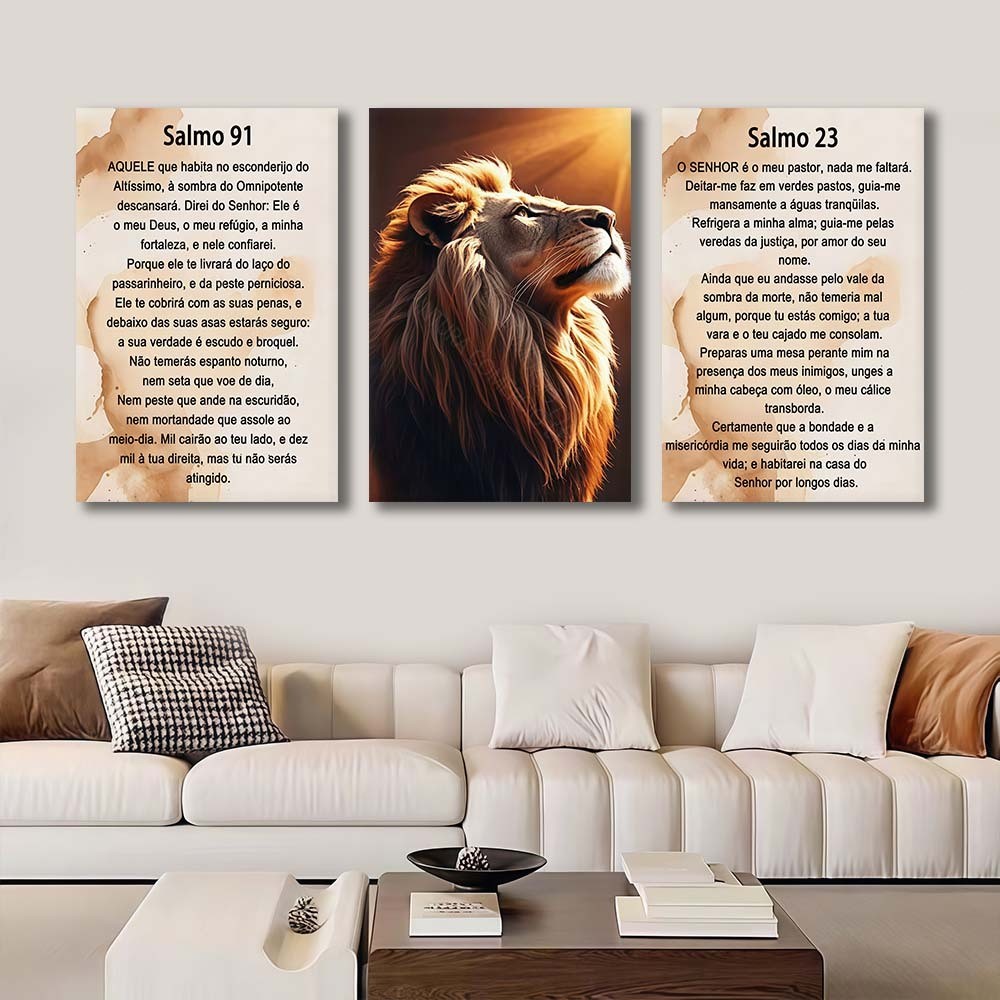 Kit 3 Quadros Leão Com Texto Dos Salmos 23 e 91 Da Bíblia Sagrada Decorativo Religioso Para Sala em Oferta na Shopee