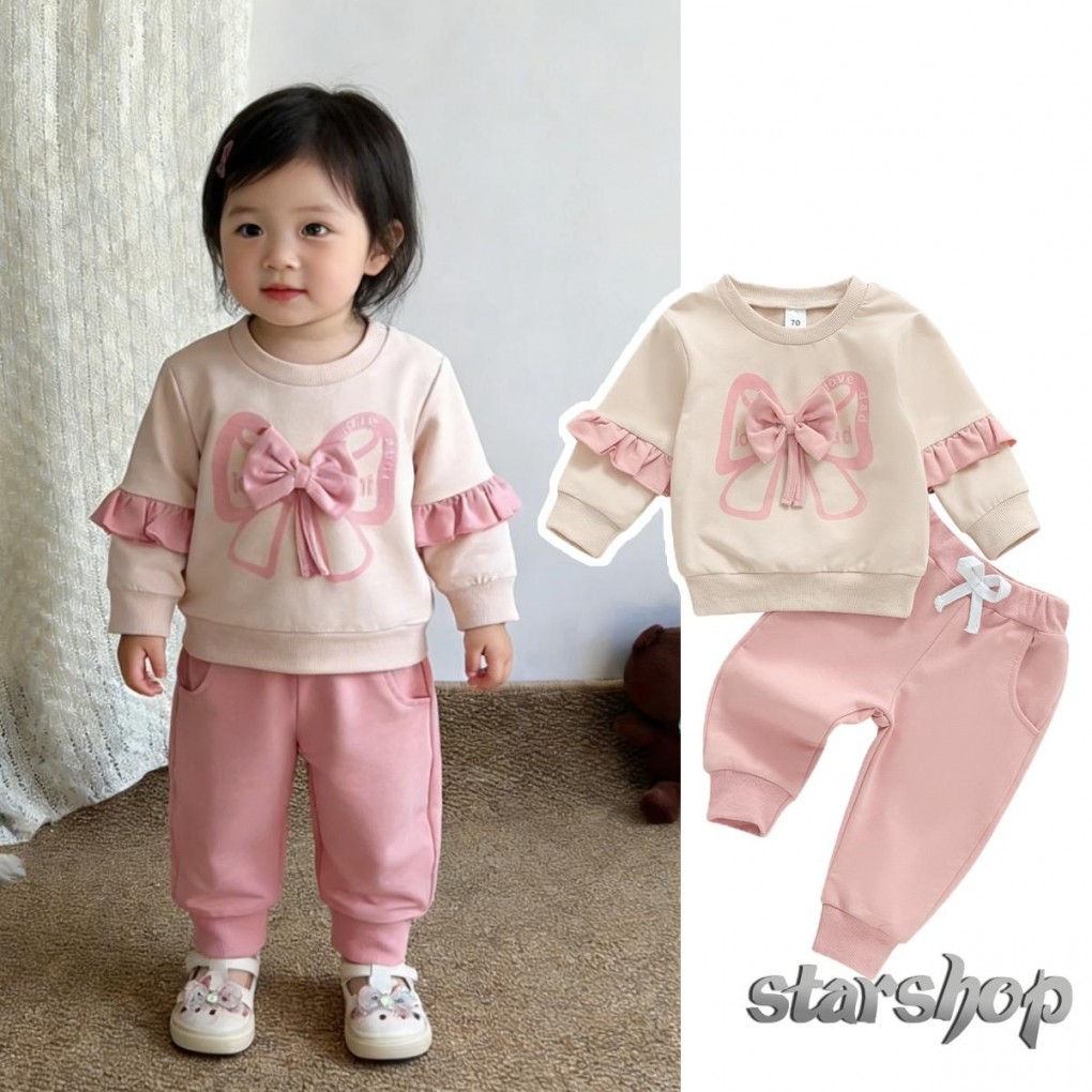 Starshop-Roupas Infantis De Outono Para Meninas Com Estampa De Laço , Manga Comprida , Gola Redonda , Pulôver Babados + 