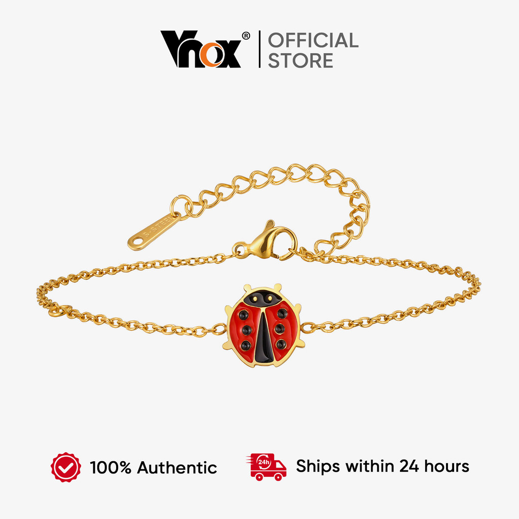 Pulseira Com Pingente De Animal Joaninha Vermelha Vnox , Corrente Fofa Banhada A Ouro 18K Para Mulheres E Meninas Esmalt
