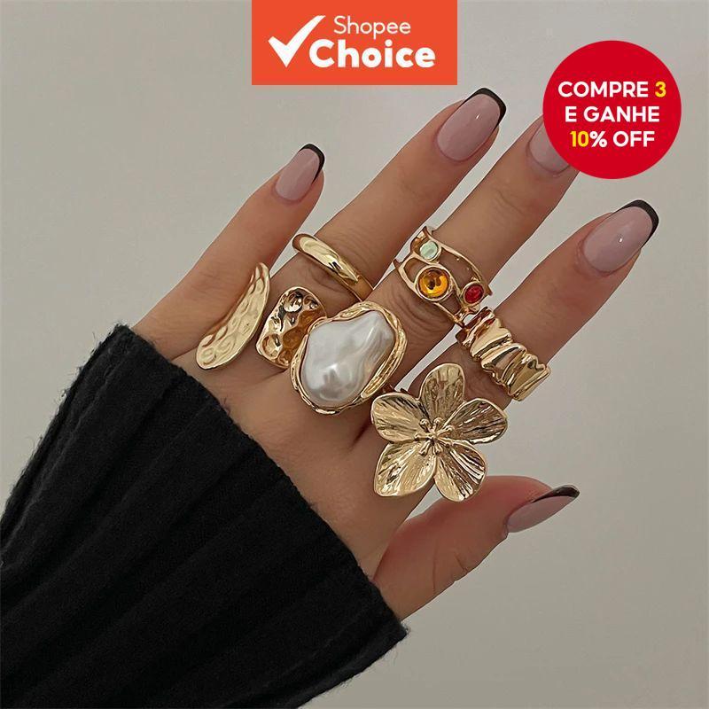 Conjunto de 6 Anéis de Flor Líquido Lava - Ajustáveis, Joias Vintage Banhadas a Ouro com Pérola, Presente para Mulheres