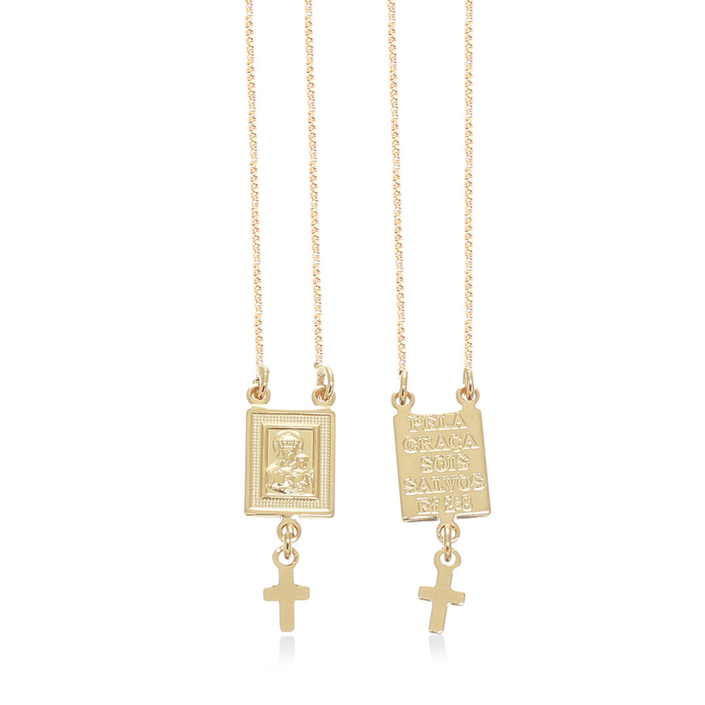 Escapulário Banhado a Ouro 18K Nossa Senhora de Fátima e Crucifixo