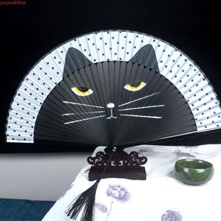 JUNYUE Decoração De Casa Estilo Chinês Verão Bambu Qualidade Padrões De Gato Leque De Seda Artesanal em Oferta na Shopee